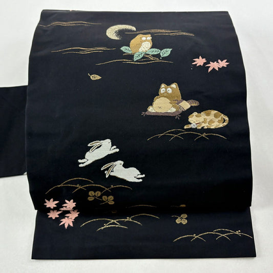 【美品】 名古屋帶 逸品級 貓狸 金金箔 黑 純蠶絲