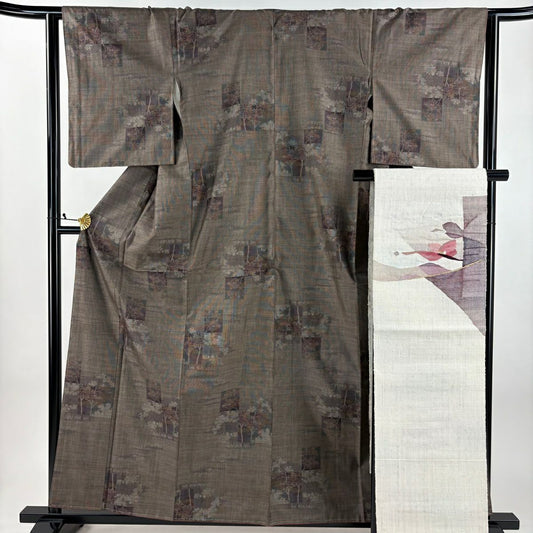 【美品】 紬織 身長159.5cm 袖長64cm M 雙層 名古屋帶套裝 色紙 樹木 茶 純蠶絲 秀品級