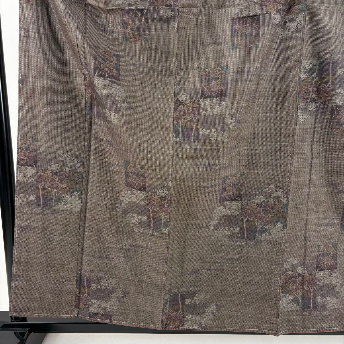【美品】 紬織 身長159.5cm 袖長64cm M 雙層 名古屋帶套裝 色紙 樹木 茶 純蠶絲 秀品級