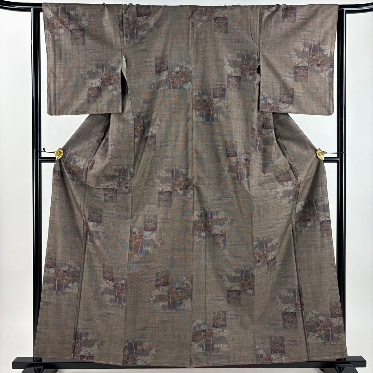【美品】 紬織 身長159.5cm 袖長64cm M 雙層 名古屋帶套裝 色紙 樹木 茶 純蠶絲 秀品級