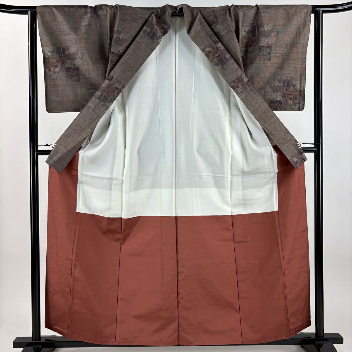 【美品】 紬織 身長159.5cm 袖長64cm M 雙層 名古屋帶套裝 色紙 樹木 茶 純蠶絲 秀品級