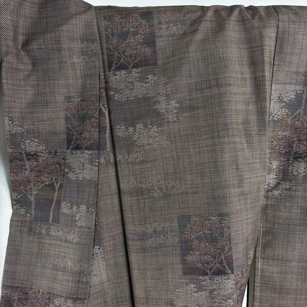 【美品】 紬織 身長159.5cm 袖長64cm M 雙層 名古屋帶套裝 色紙 樹木 茶 純蠶絲 秀品級