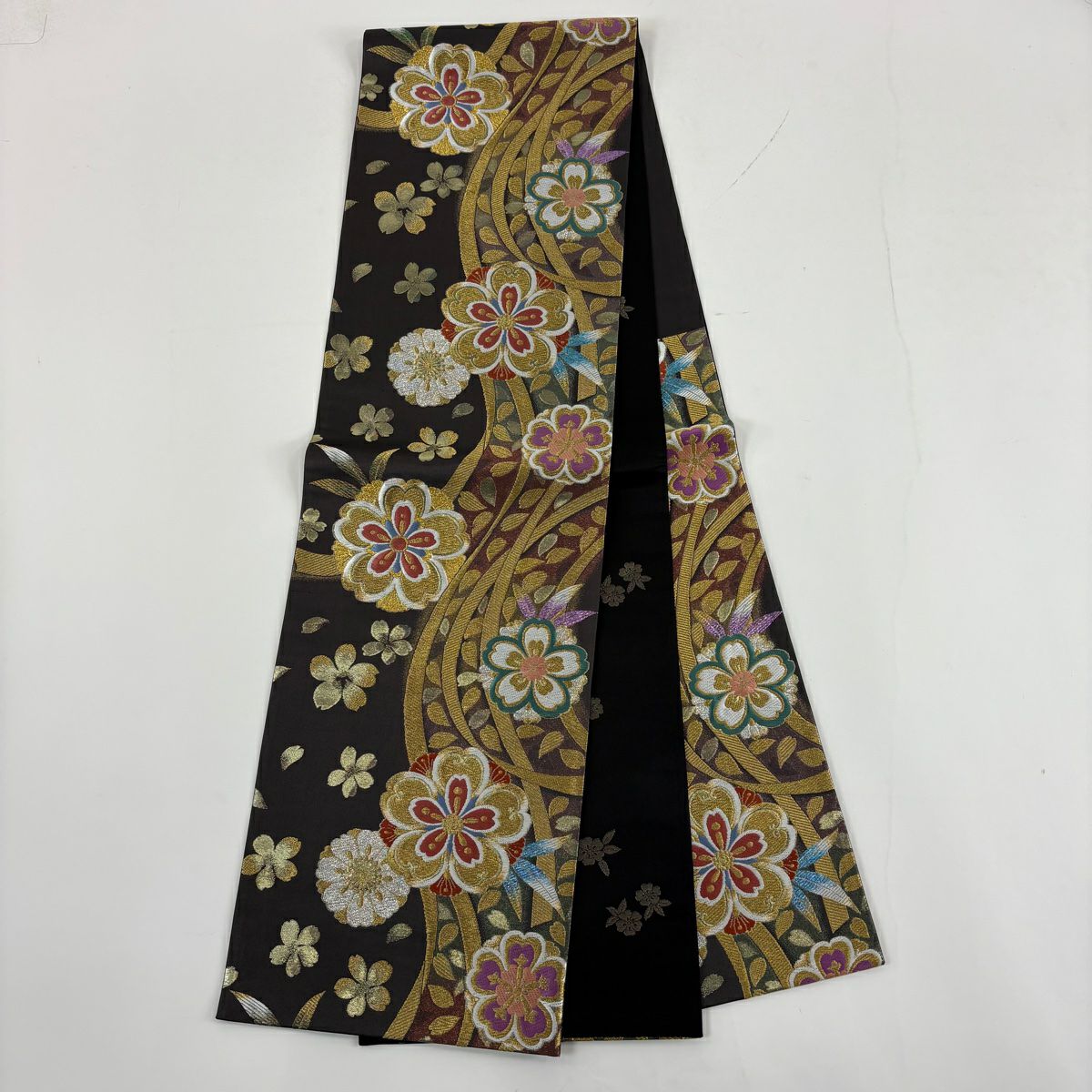 振袖禮服 身長168cm 袖長66cm M 雙層 袋帶全套 枝垂櫻 籠目 金銀彩 漸層 灰綠 純蠶絲 優品級