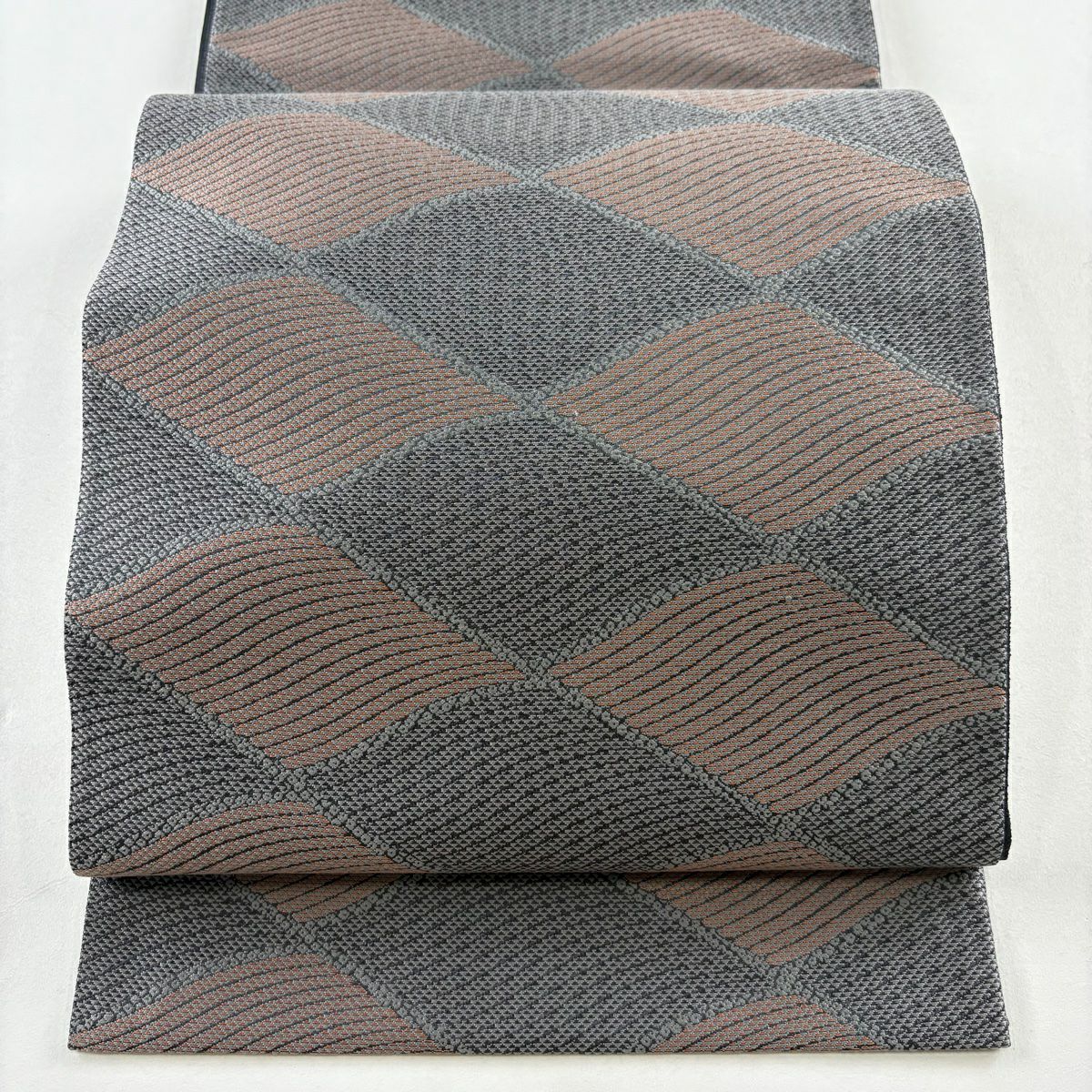 【美品】 袋帶 秀品級 波 疋田 灰色 六通 純蠶絲