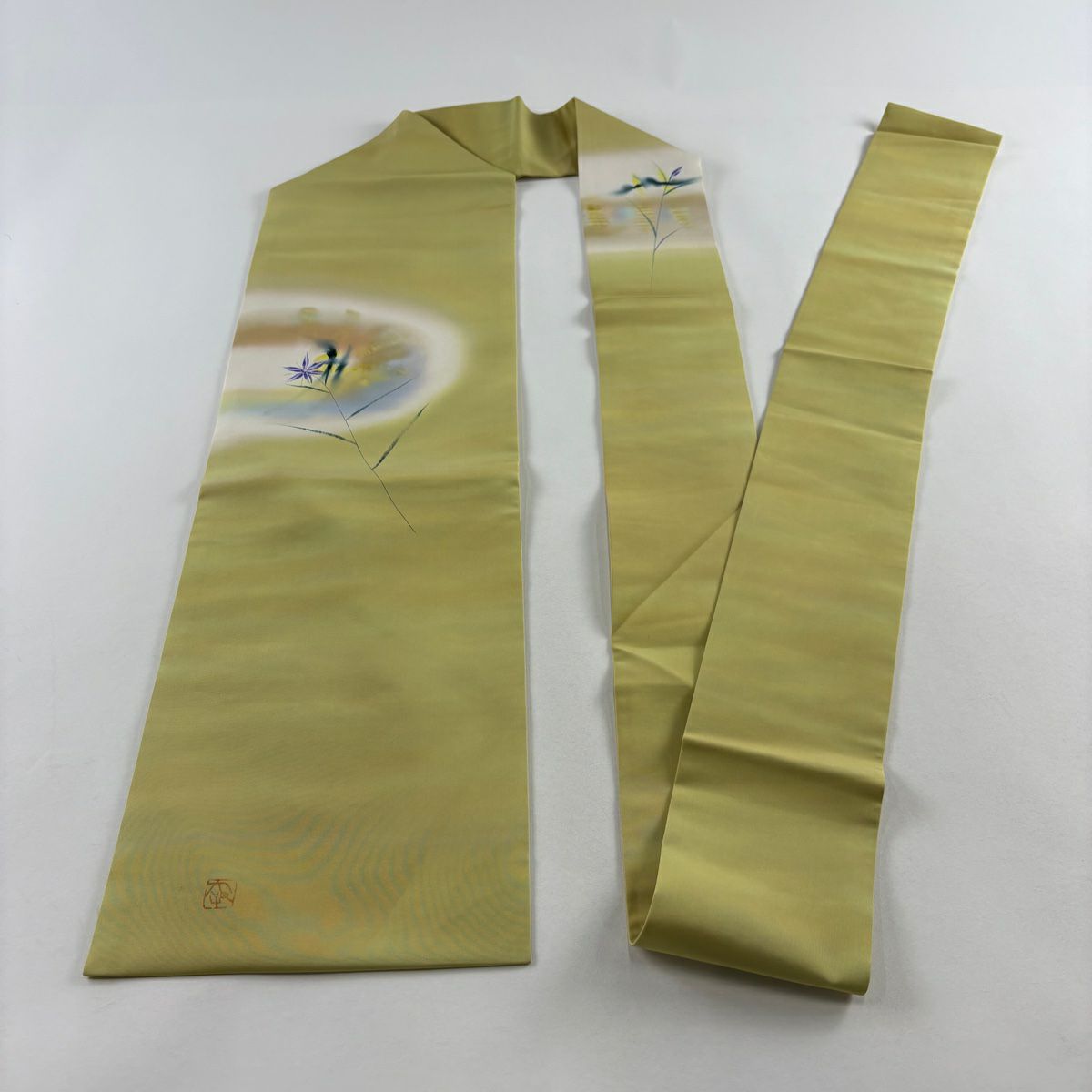 【美品】 名古屋帶 秀品級 落款 草花紋紋 漸層 薄黃土色 純蠶絲