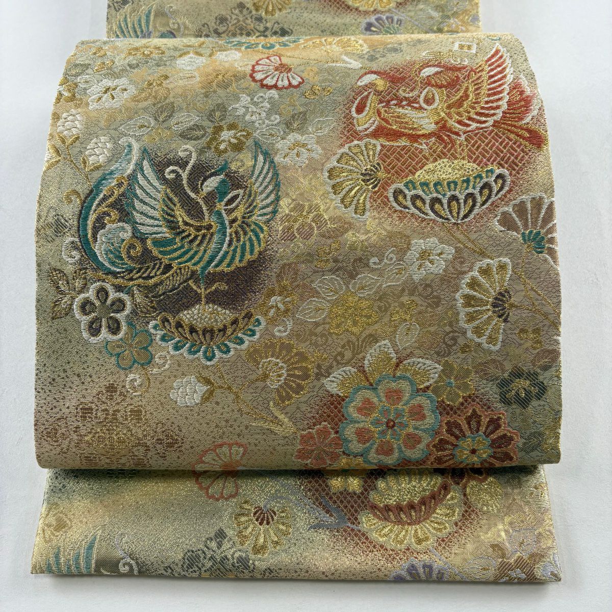 【美品】 袋帶 秀品級 證書齊全 鳳凰 花唐草紋 金銀線 金金箔 金色 六通 純蠶絲