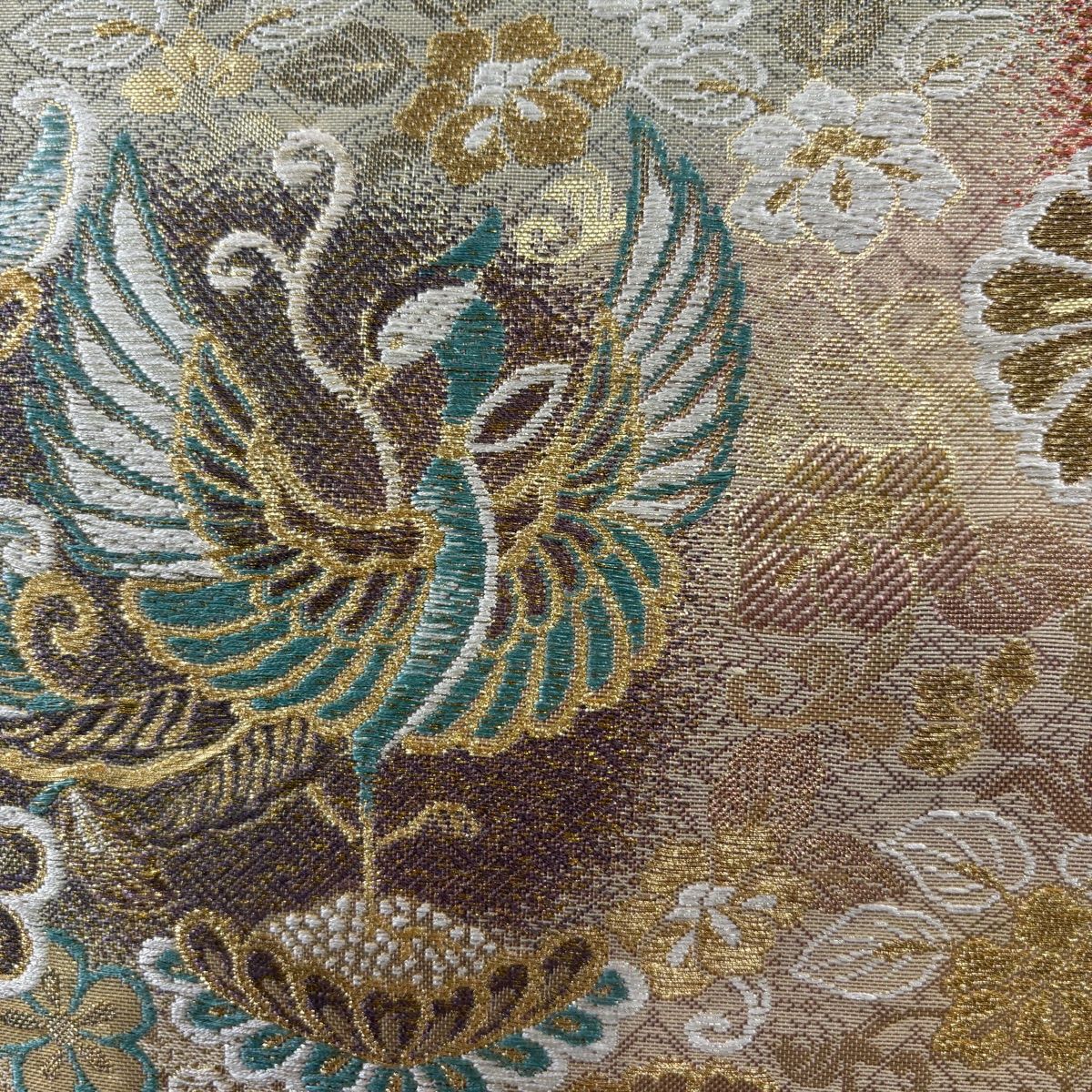 【美品】 袋帶 秀品級 證書齊全 鳳凰 花唐草紋 金銀線 金金箔 金色 六通 純蠶絲