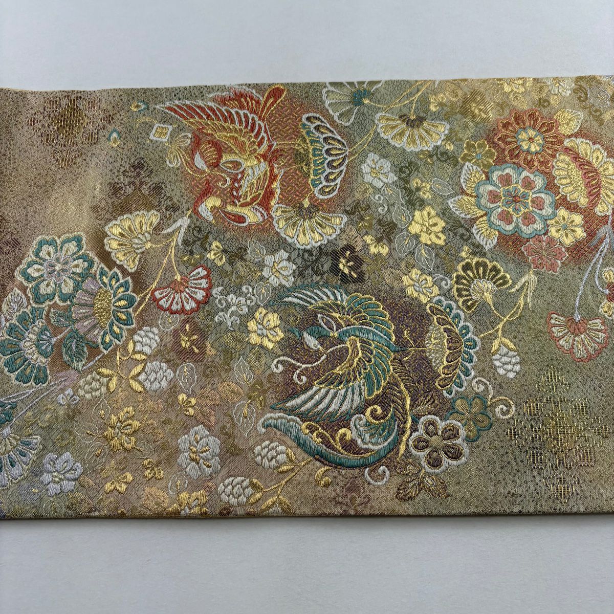 【美品】 袋帶 秀品級 證書齊全 鳳凰 花唐草紋 金銀線 金金箔 金色 六通 純蠶絲