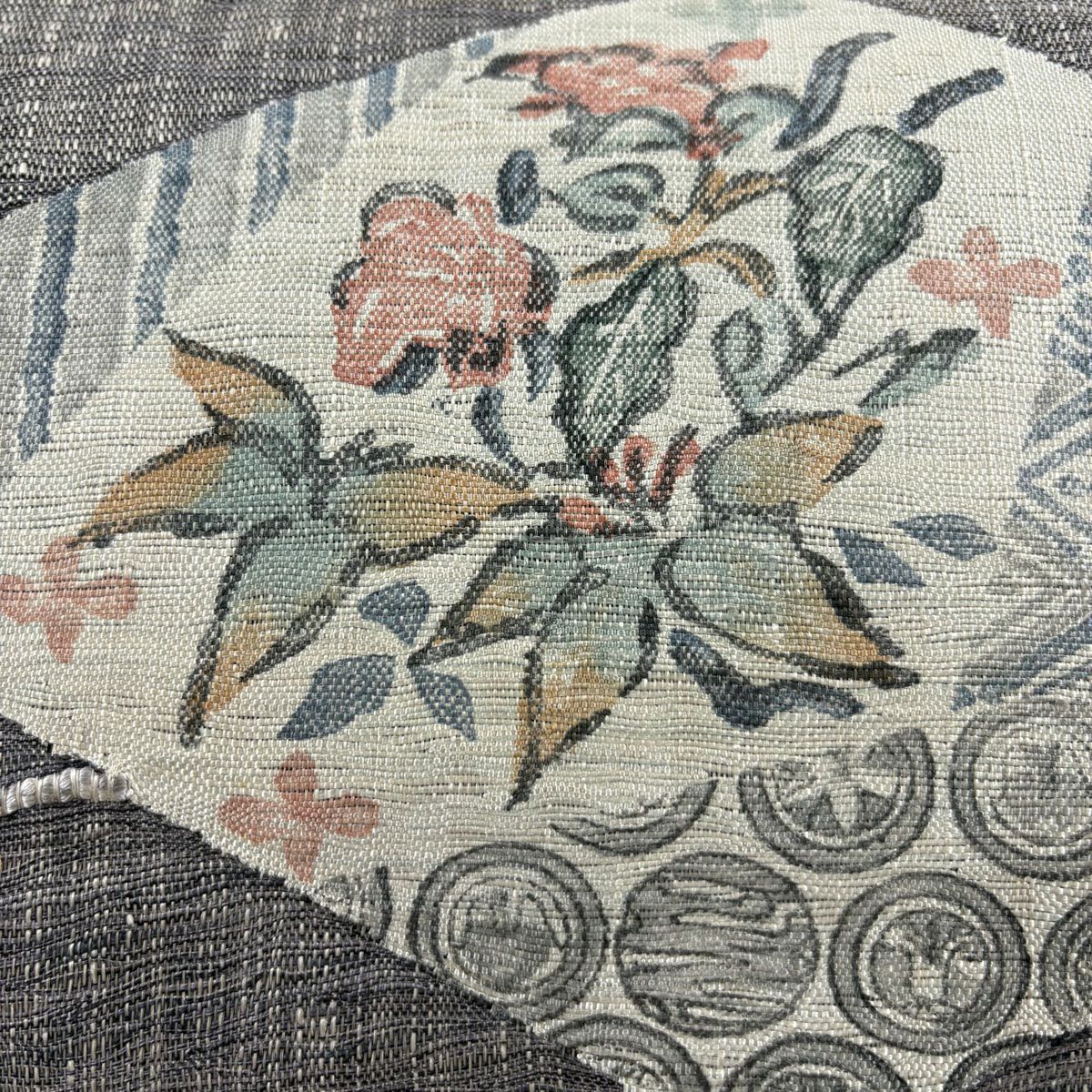 袋帶 優品級 草花紋紋 菱形 灰色 大鼓圖案 純蠶絲