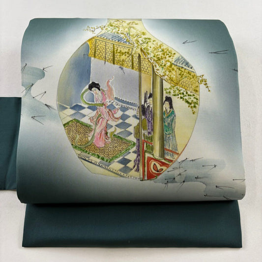 名古屋帶 秀品級 器物 人物 漸層 深綠 純蠶絲