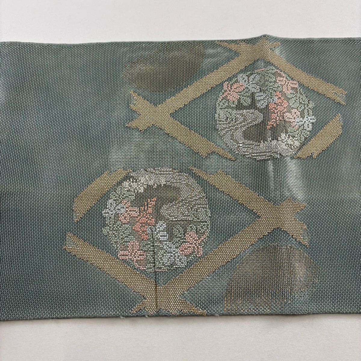 袋帶 秀品級 夏帶 紗 丸文 草花紋紋 金銀彩 灰綠 細帶圖案 純蠶絲