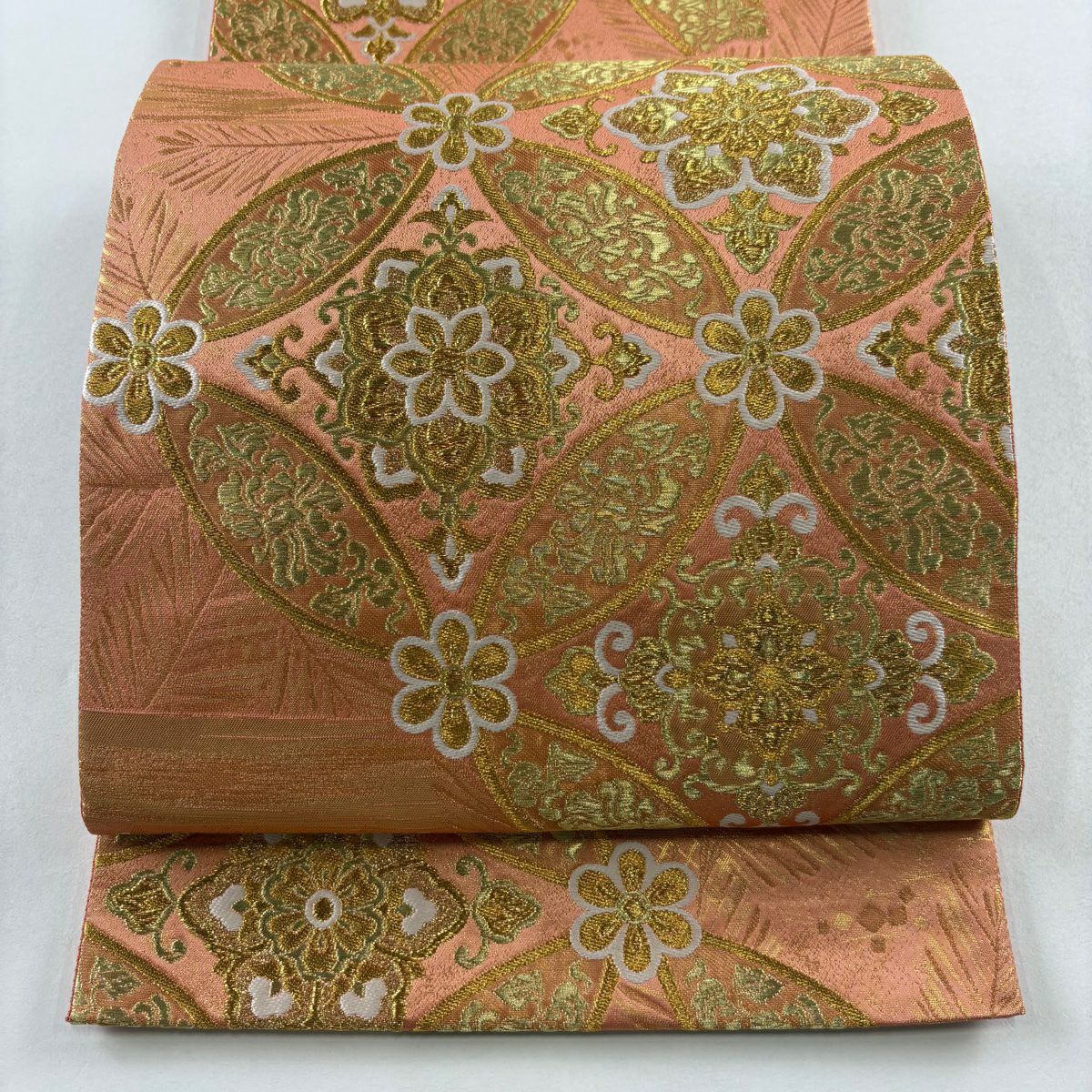 【美品】 袋帶 秀品級 七寶紋 華紋 金絲 金金箔 鮭粉色 六通 純蠶絲