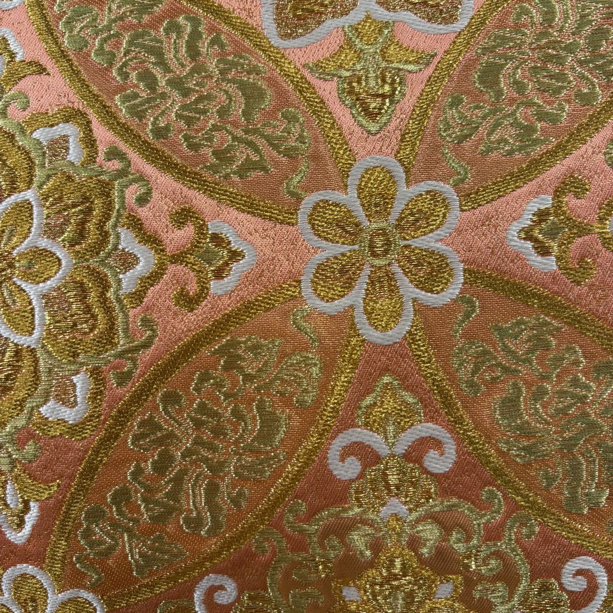 【美品】 袋帶 秀品級 七寶紋 華紋 金絲 金金箔 鮭粉色 六通 純蠶絲