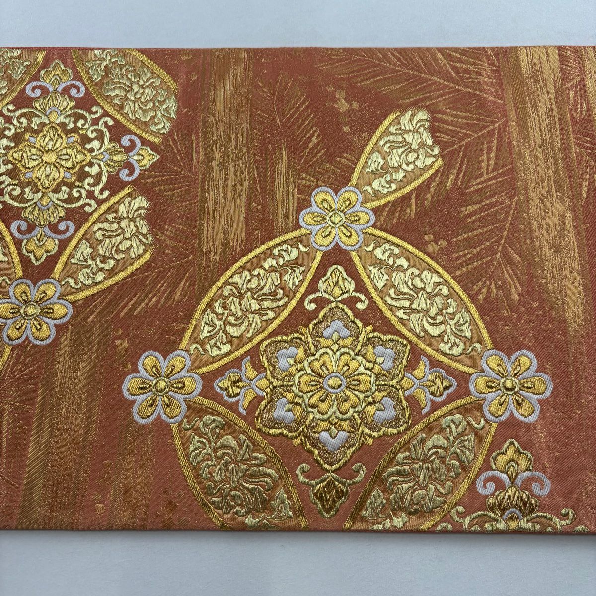 【美品】 袋帶 秀品級 七寶紋 華紋 金絲 金金箔 鮭粉色 六通 純蠶絲