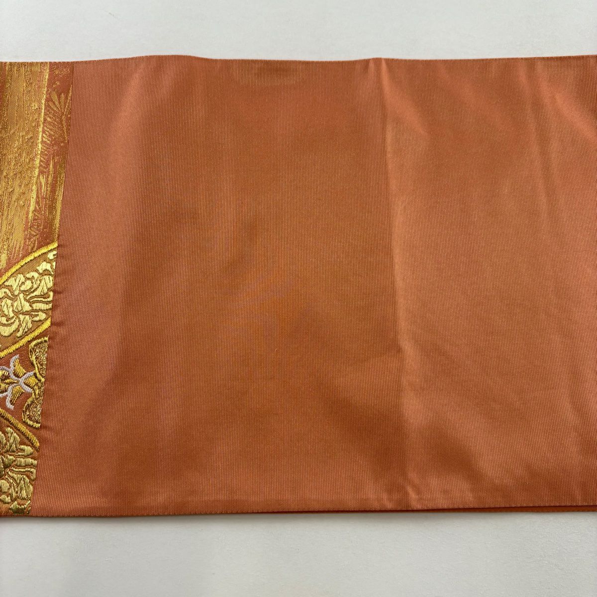 【美品】 袋帶 秀品級 七寶紋 華紋 金絲 金金箔 鮭粉色 六通 純蠶絲