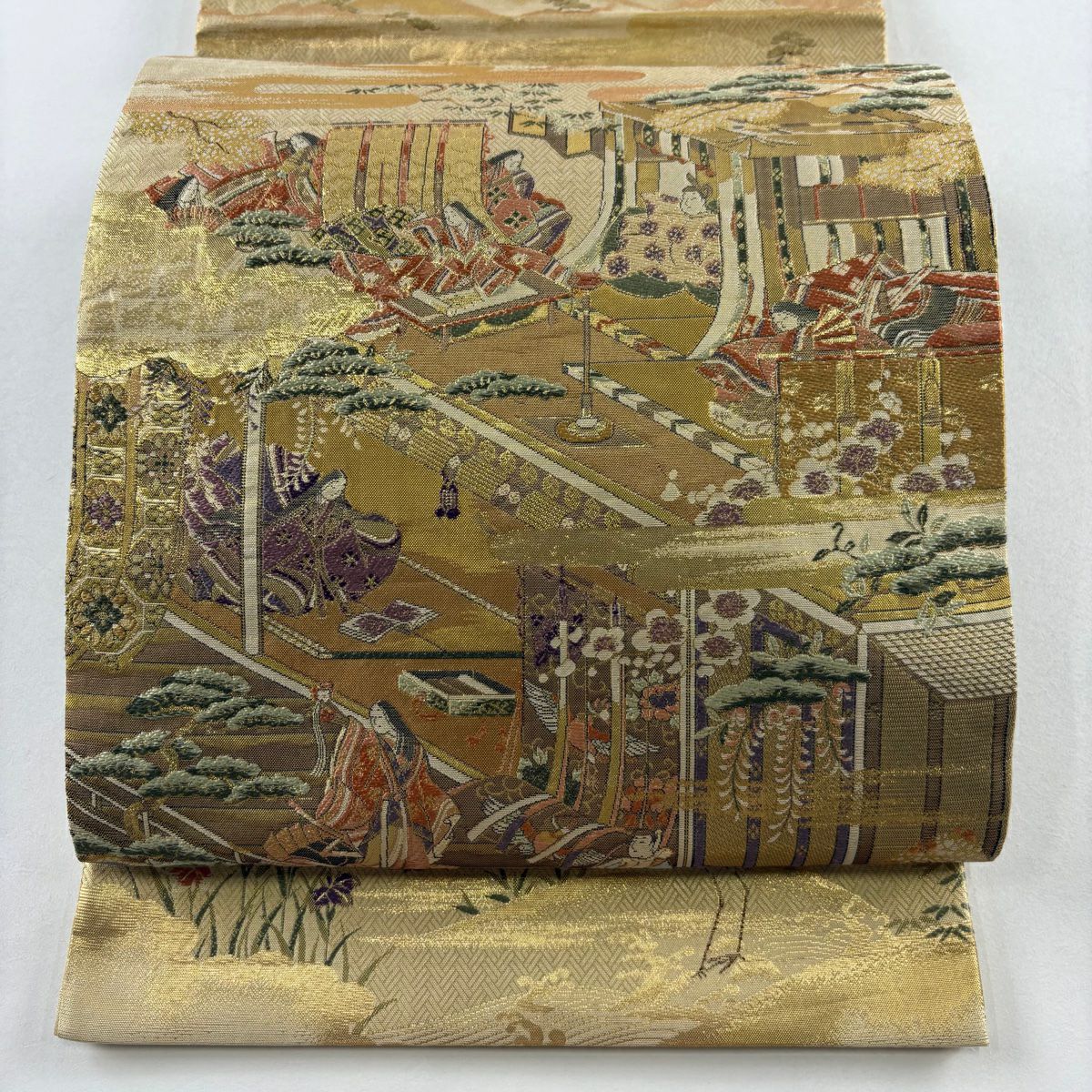 袋帶 秀品級 御所風景 松樹竹子梅花 金金箔 金色 大鼓圖案 純蠶絲