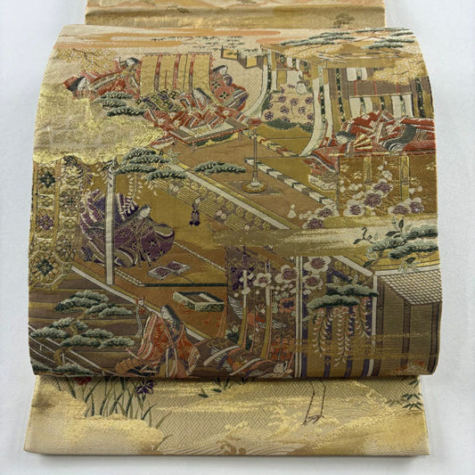 袋帶 秀品級 御所風景 松樹竹子梅花 金金箔 金色 大鼓圖案 純蠶絲