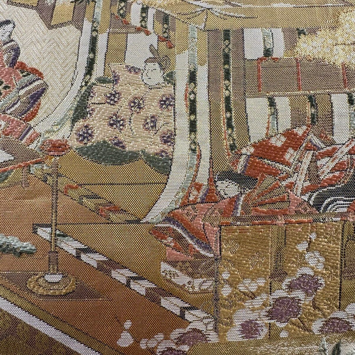 袋帶 秀品級 御所風景 松樹竹子梅花 金金箔 金色 大鼓圖案 純蠶絲