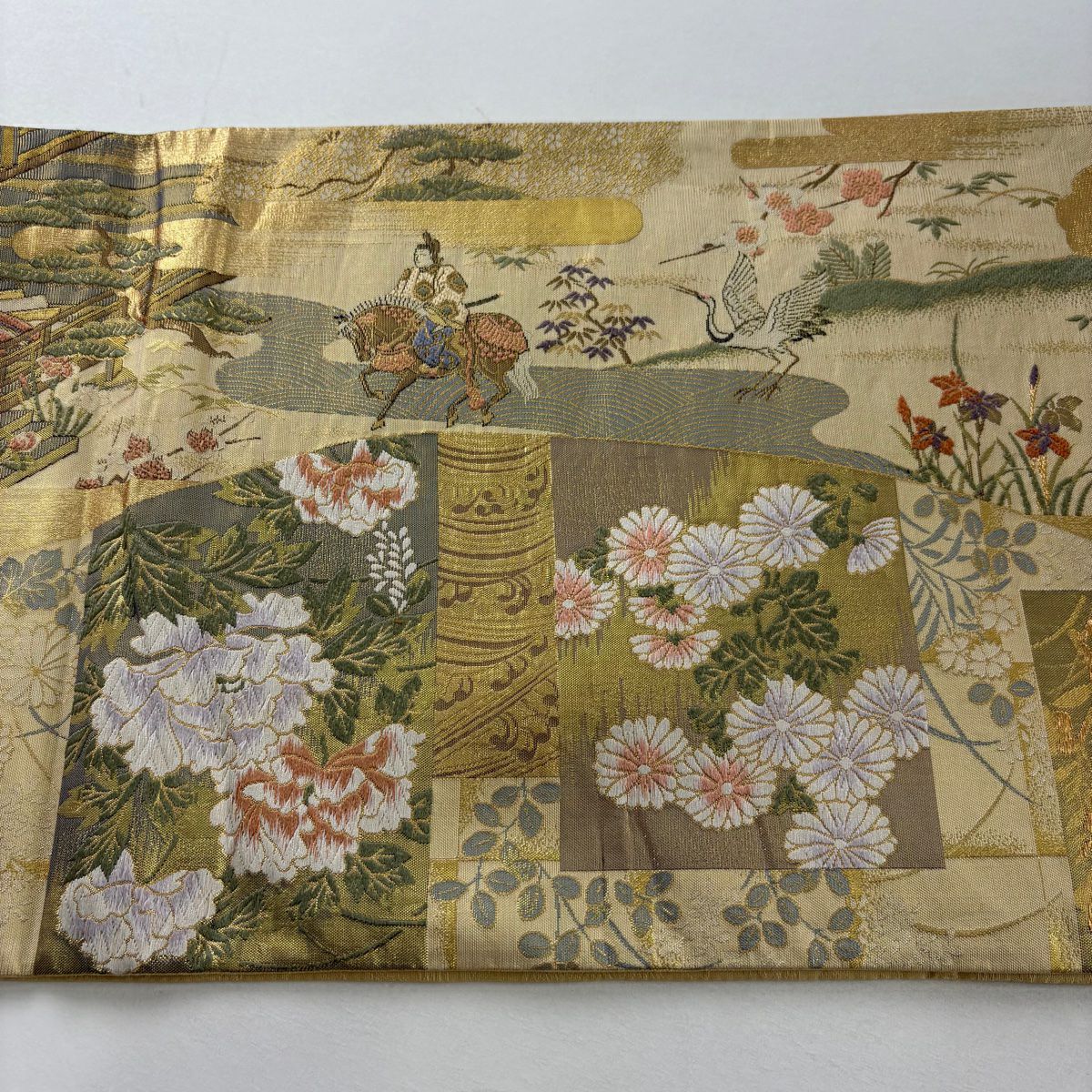 袋帶 秀品級 御所風景 松樹竹子梅花 金金箔 金色 大鼓圖案 純蠶絲