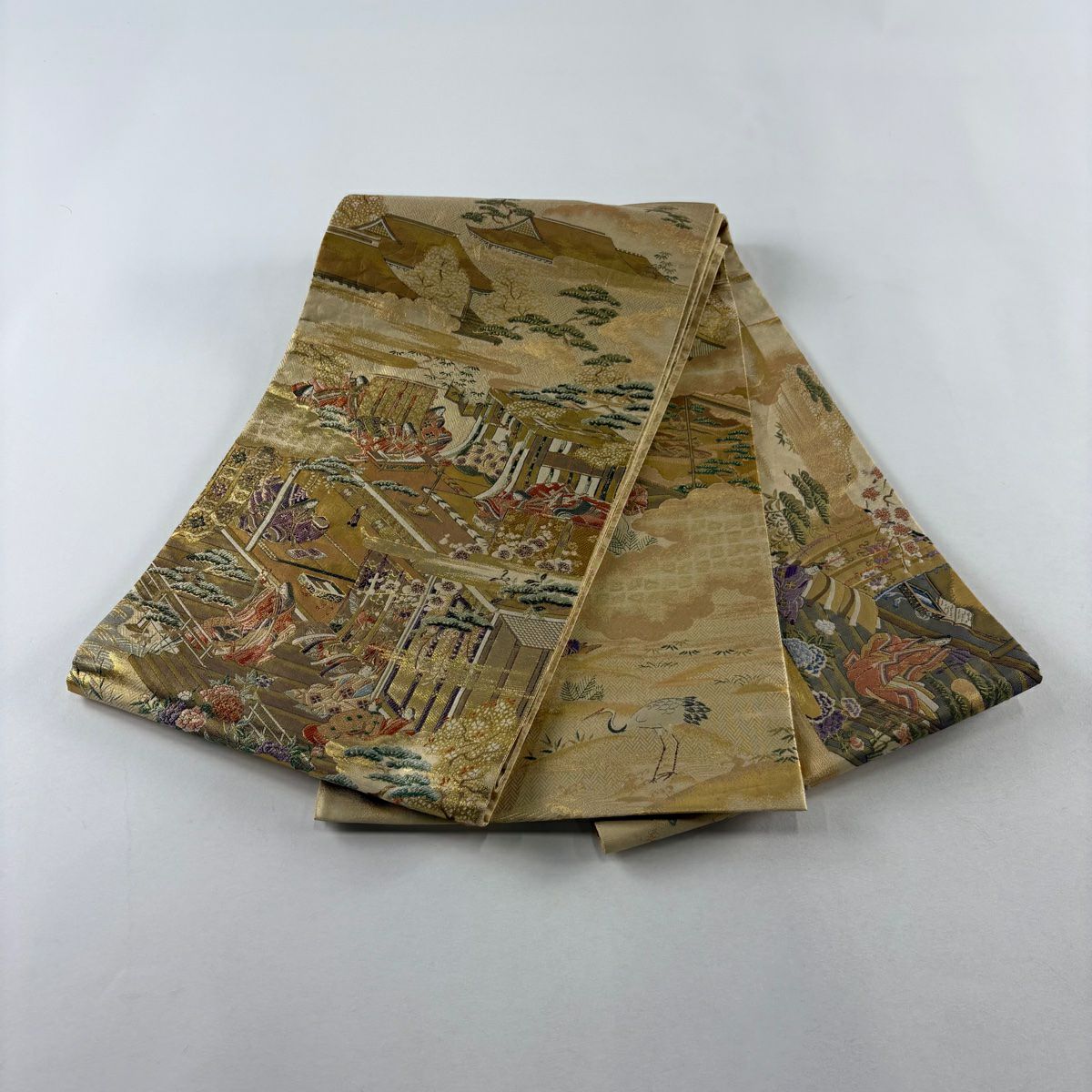 袋帶 秀品級 御所風景 松樹竹子梅花 金金箔 金色 大鼓圖案 純蠶絲