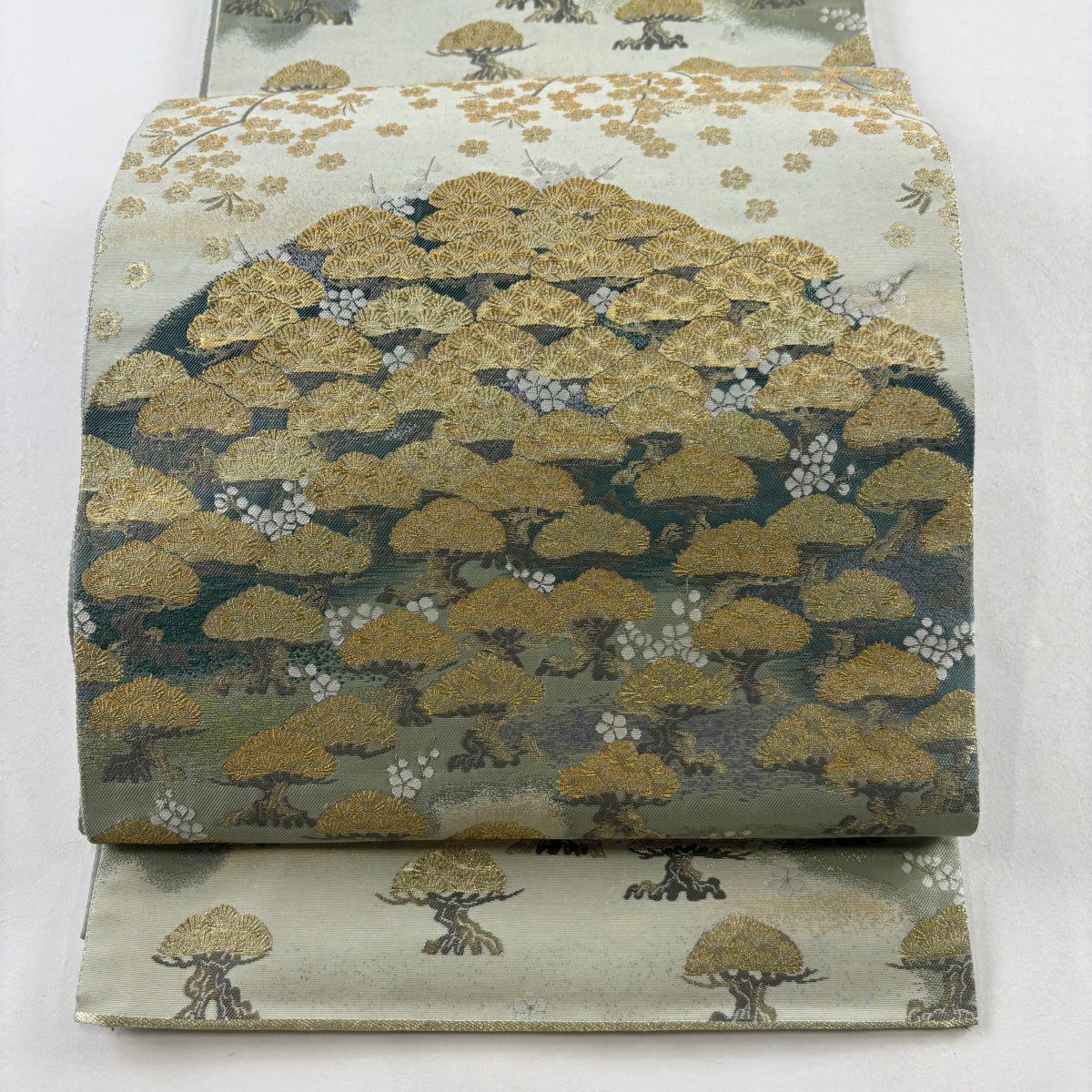【美品】 袋帶 秀品級 關西仕立 雜松樹 櫻花 金絲 金金箔 淺綠 六通 純蠶絲