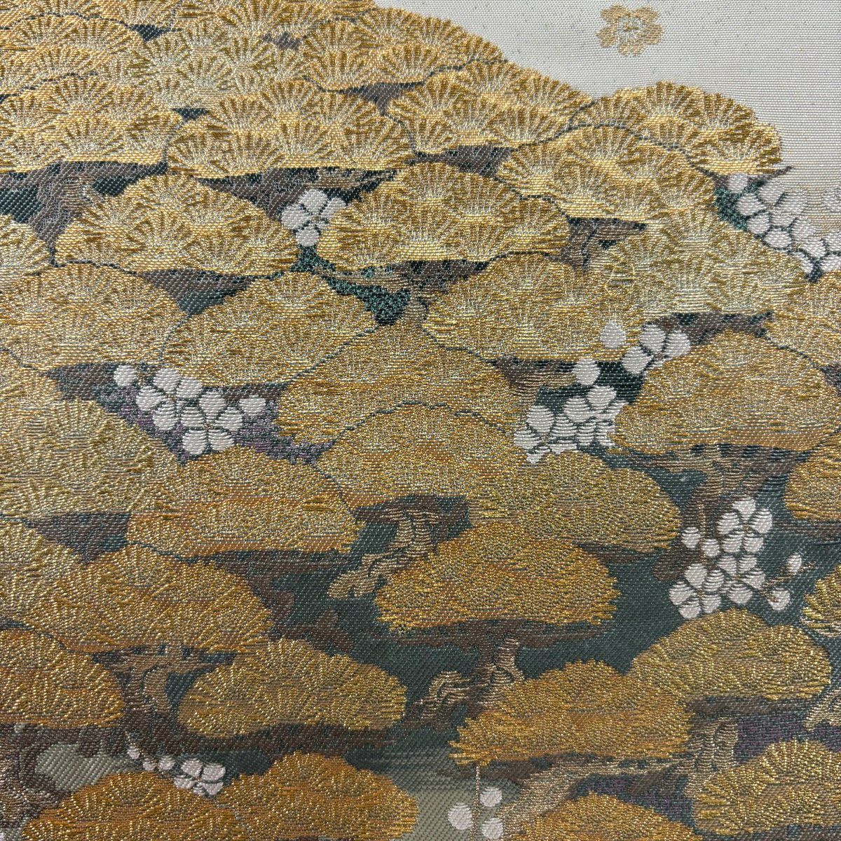 【美品】 袋帶 秀品級 關西仕立 雜松樹 櫻花 金絲 金金箔 淺綠 六通 純蠶絲