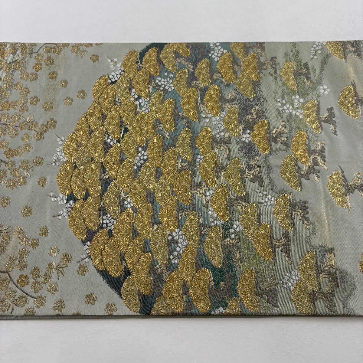 【美品】 袋帶 秀品級 關西仕立 雜松樹 櫻花 金絲 金金箔 淺綠 六通 純蠶絲