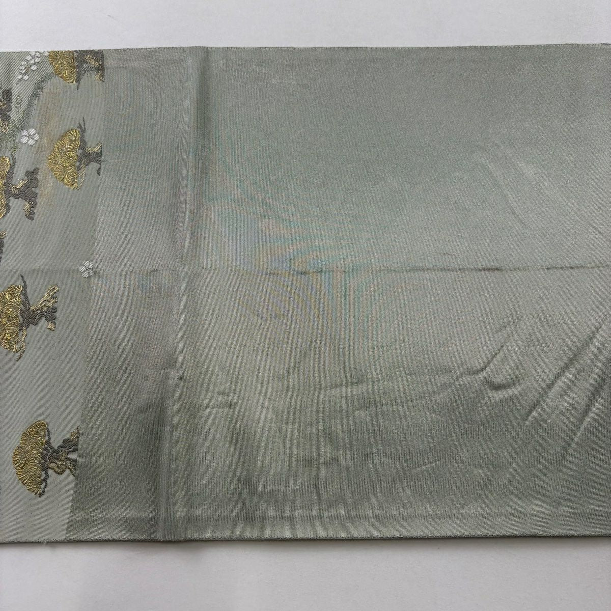 【美品】 袋帶 秀品級 關西仕立 雜松樹 櫻花 金絲 金金箔 淺綠 六通 純蠶絲