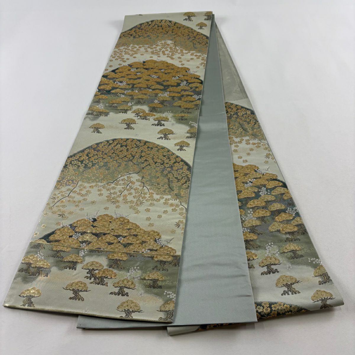 【美品】 袋帶 秀品級 關西仕立 雜松樹 櫻花 金絲 金金箔 淺綠 六通 純蠶絲