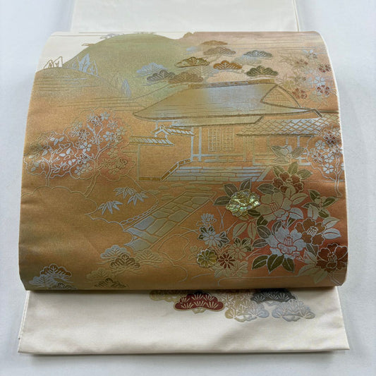 袋帶 秀品級 建築 松樹竹子梅花 螺鈿 金銀彩 奶油色 大鼓圖案 純蠶絲