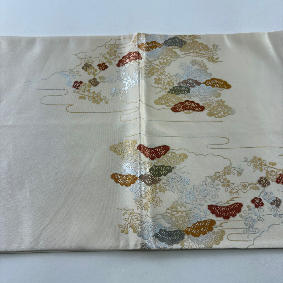袋帶 秀品級 建築 松樹竹子梅花 螺鈿 金銀彩 奶油色 大鼓圖案 純蠶絲