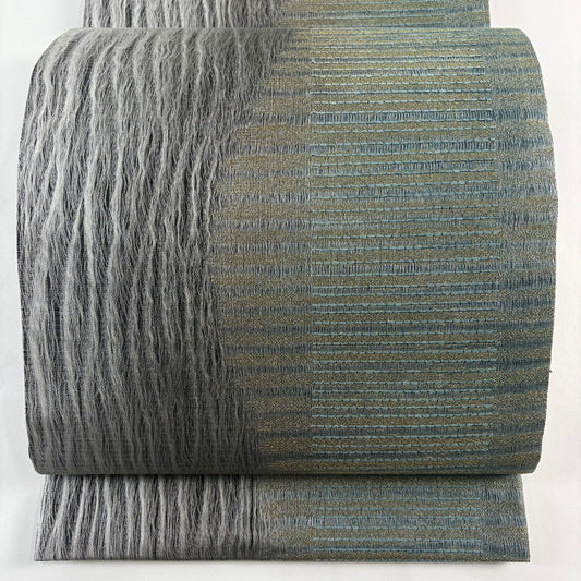 【美品】 袋帶 優品級 條紋 幾何圖案 金金箔 灰綠 六通 純蠶絲