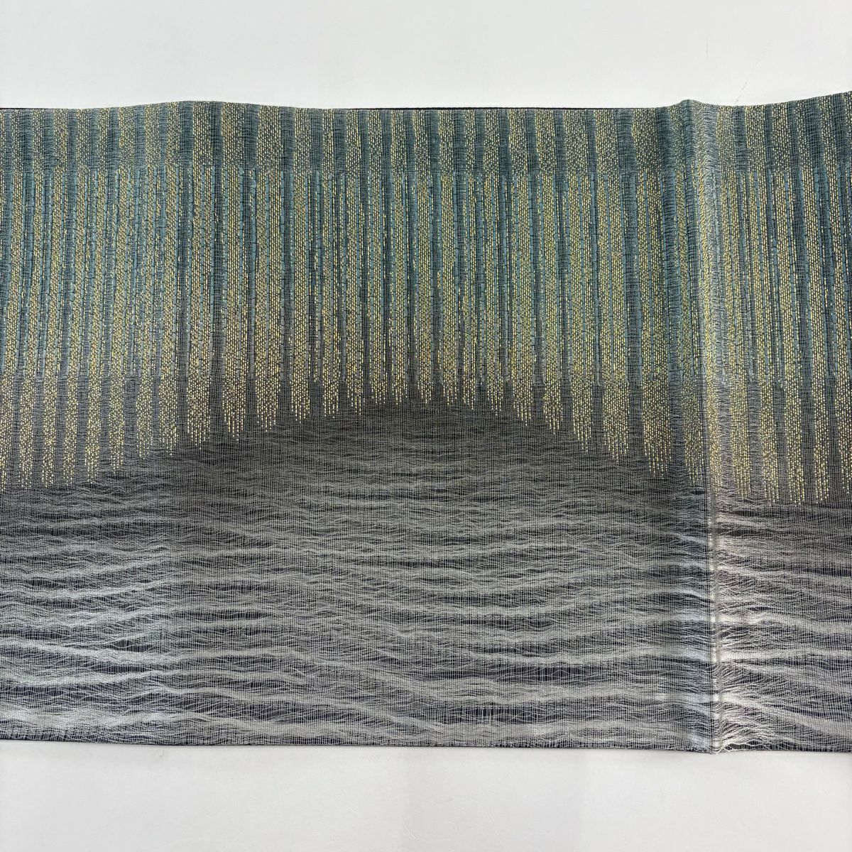 【美品】 袋帶 優品級 條紋 幾何圖案 金金箔 灰綠 六通 純蠶絲