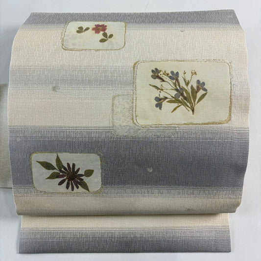名古屋帶 優品級 草花紋紋 條紋 金金箔 奶油色 純蠶絲