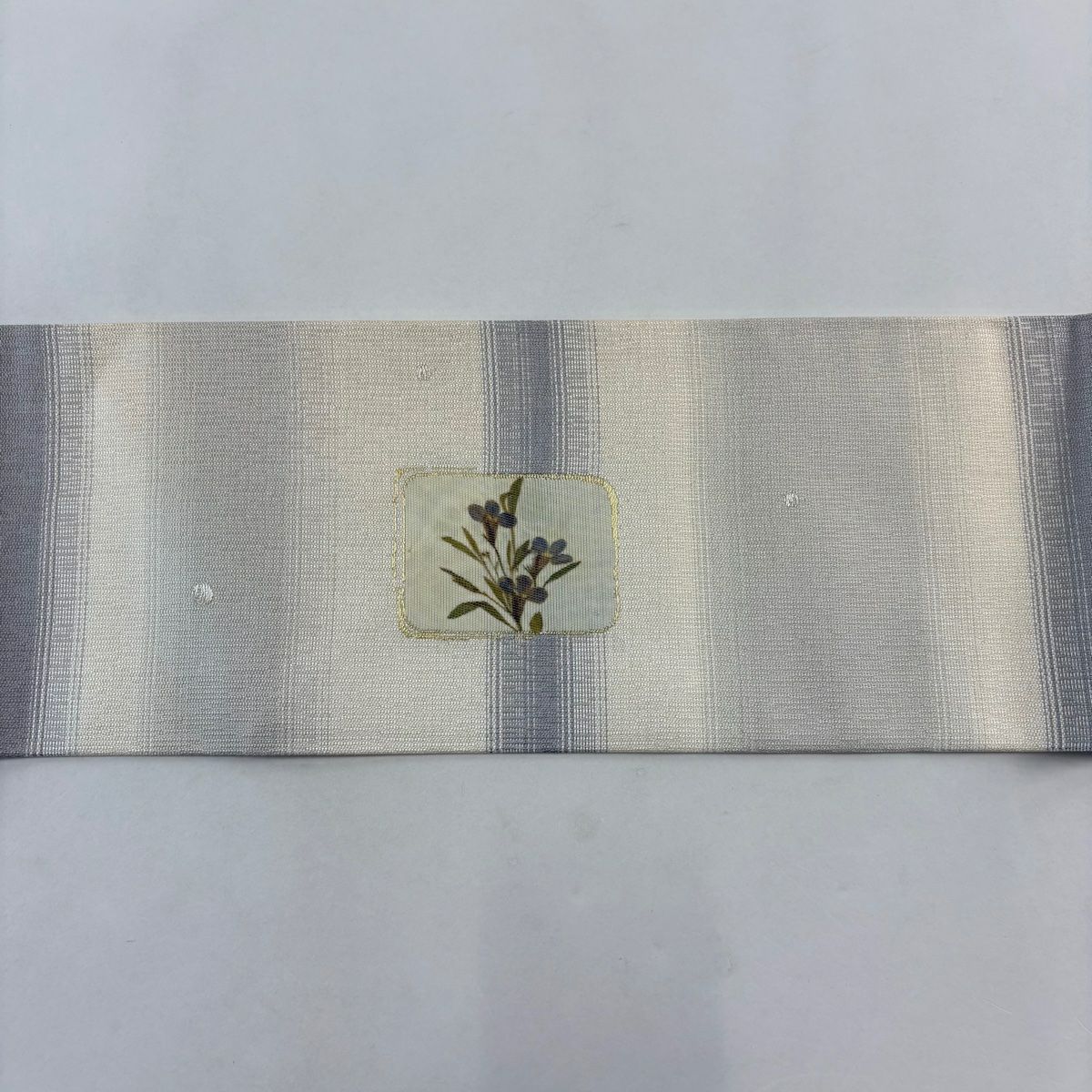 名古屋帶 優品級 草花紋紋 條紋 金金箔 奶油色 純蠶絲