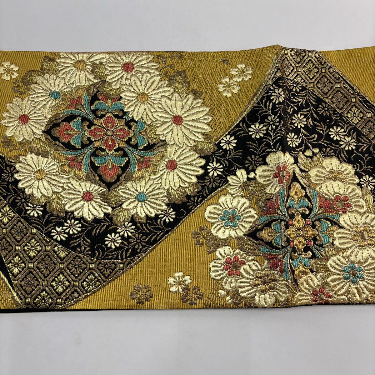 【美品】 袋帶 秀品級 華紋 蜀江紋 金金箔 黑 六通 純蠶絲
