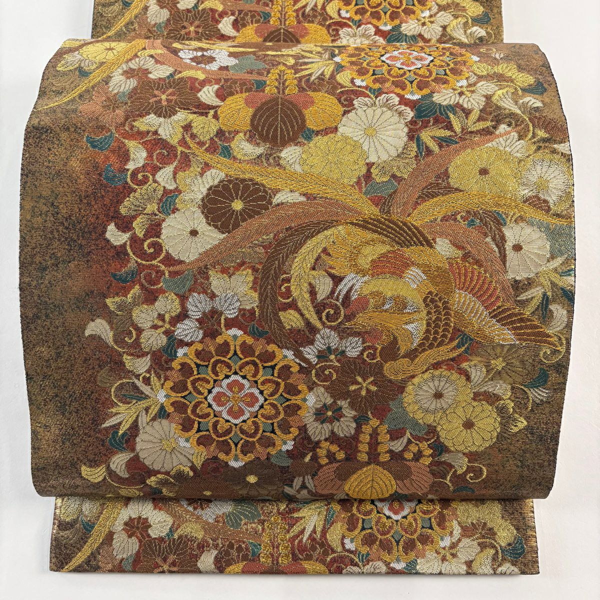 【美品】 袋帶 秀品級 花鳥 華紋 金金箔 金茶 六通 純蠶絲