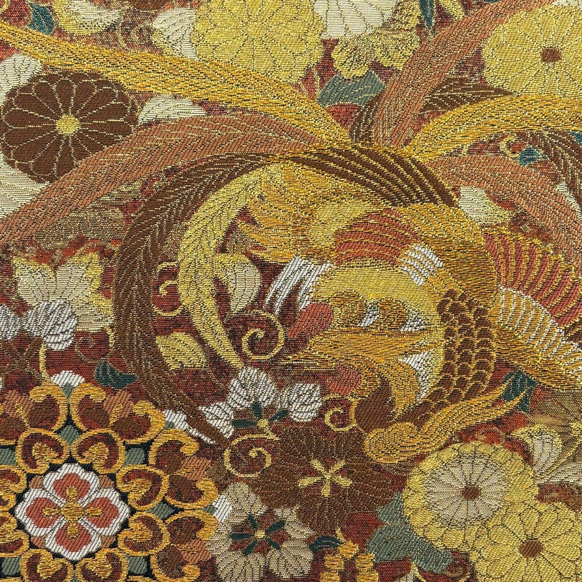 【美品】 袋帶 秀品級 花鳥 華紋 金金箔 金茶 六通 純蠶絲