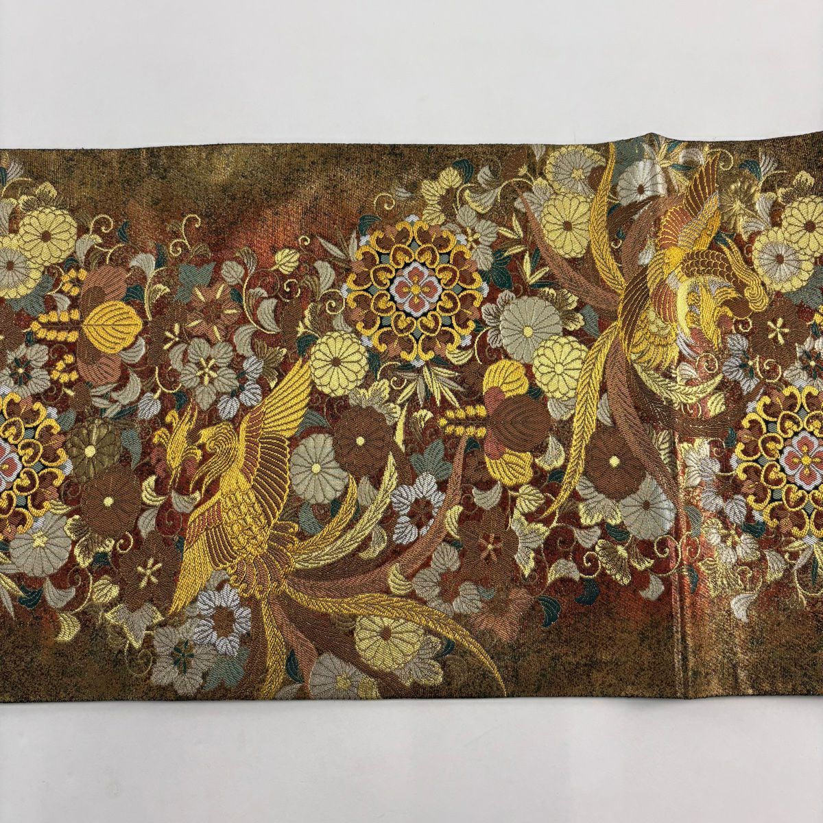 【美品】 袋帶 秀品級 花鳥 華紋 金金箔 金茶 六通 純蠶絲