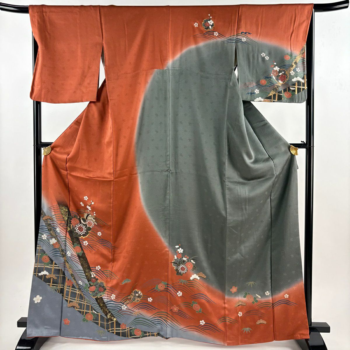 訪問服 身長165.5cm 袖長66.5cm M 雙層 雪輪 草花紋紋 金彩裝飾 染分 橙色 純蠶絲 優品級