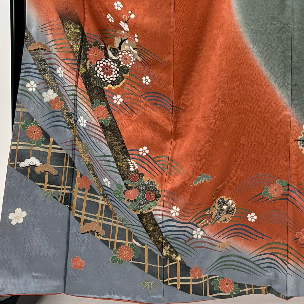 訪問服 身長165.5cm 袖長66.5cm M 雙層 雪輪 草花紋紋 金彩裝飾 染分 橙色 純蠶絲 優品級