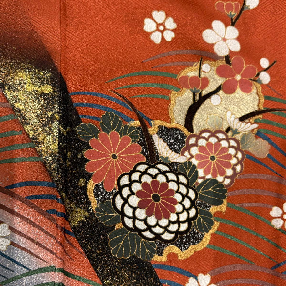 訪問服 身長165.5cm 袖長66.5cm M 雙層 雪輪 草花紋紋 金彩裝飾 染分 橙色 純蠶絲 優品級