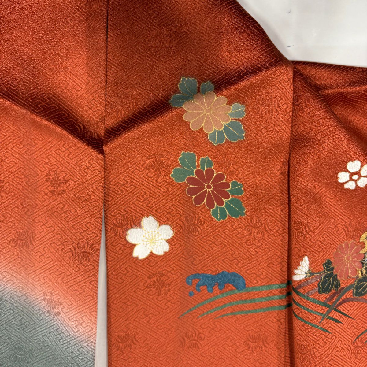 訪問服 身長165.5cm 袖長66.5cm M 雙層 雪輪 草花紋紋 金彩裝飾 染分 橙色 純蠶絲 優品級