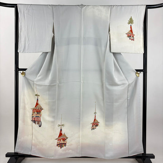 訪問服 身長159cm 袖長64.5cm M 雙層 山鉾 雲文 漸層 刺繡 灰色 純蠶絲 優品級