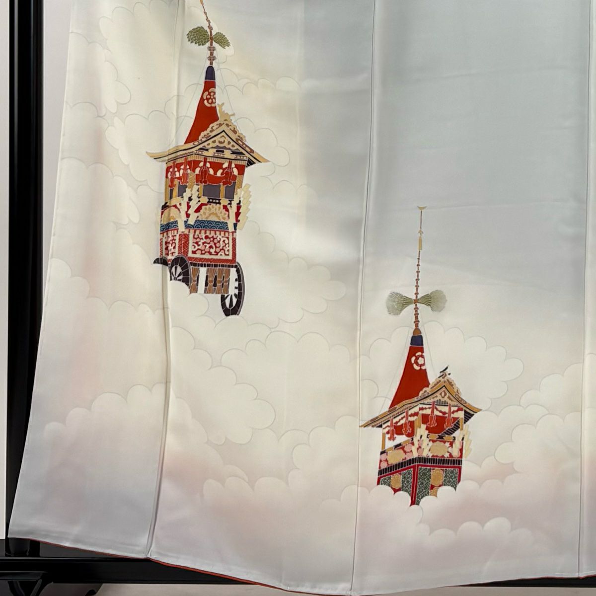 訪問服 身長159cm 袖長64.5cm M 雙層 山鉾 雲文 漸層 刺繡 灰色 純蠶絲 優品級