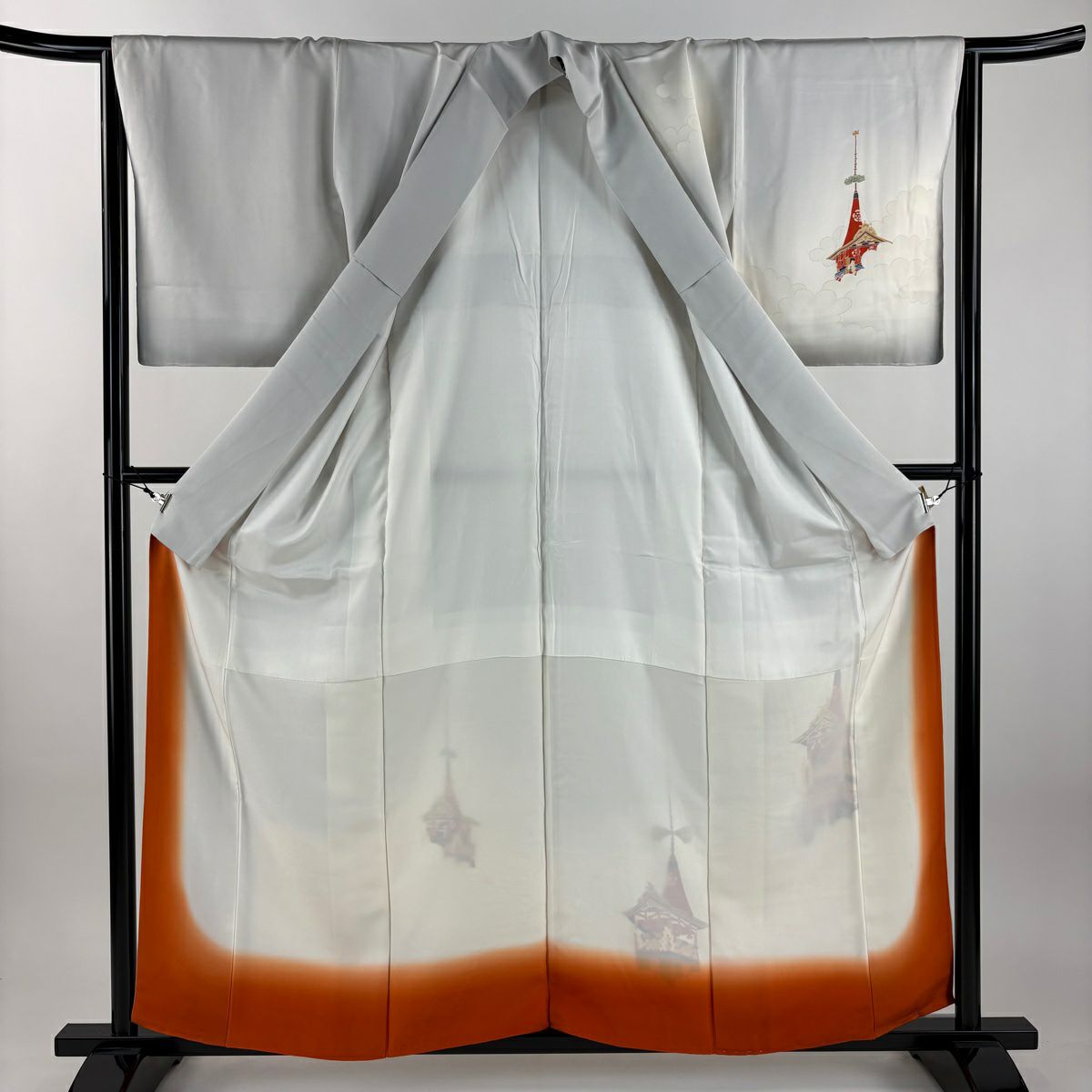 訪問服 身長159cm 袖長64.5cm M 雙層 山鉾 雲文 漸層 刺繡 灰色 純蠶絲 優品級