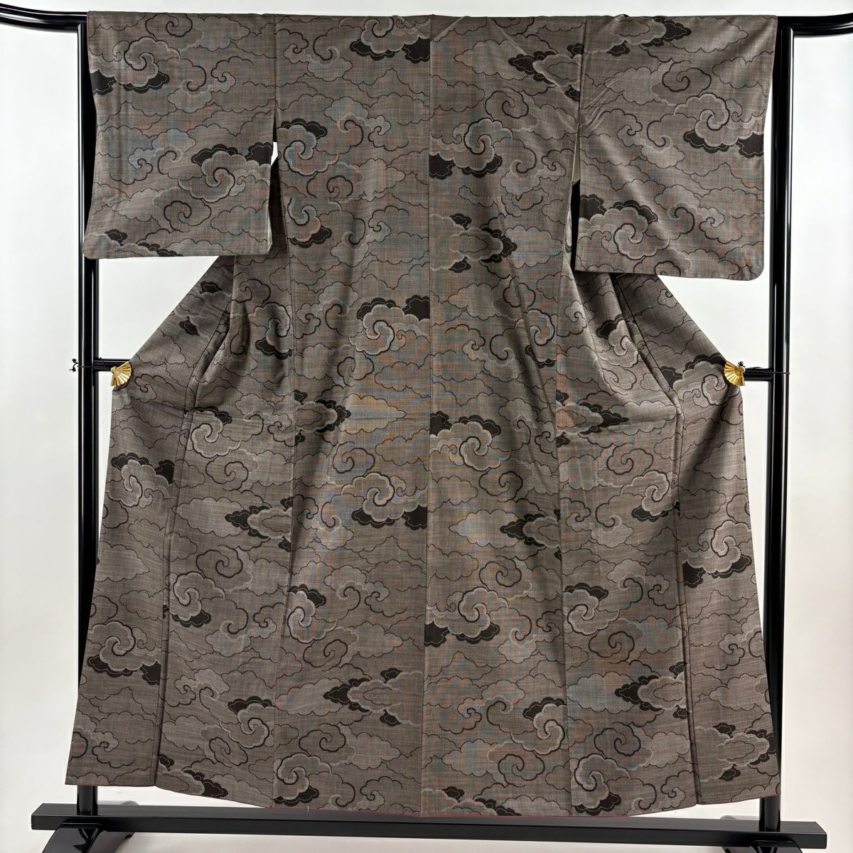 【美品】 紬織 身長155.5cm 袖長64cm M 雙層 雲紋 焦茶 純蠶絲 優品級