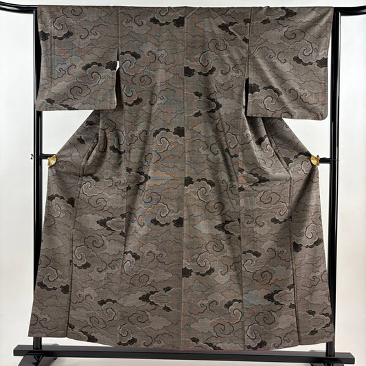 【美品】 紬織 身長155.5cm 袖長64cm M 雙層 雲紋 焦茶 純蠶絲 優品級