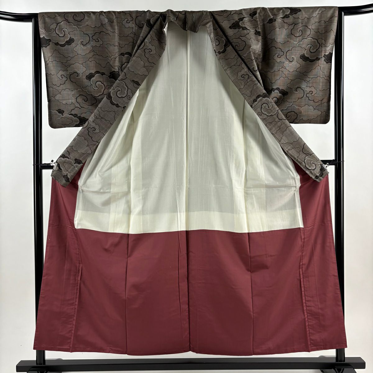 【美品】 紬織 身長155.5cm 袖長64cm M 雙層 雲紋 焦茶 純蠶絲 優品級