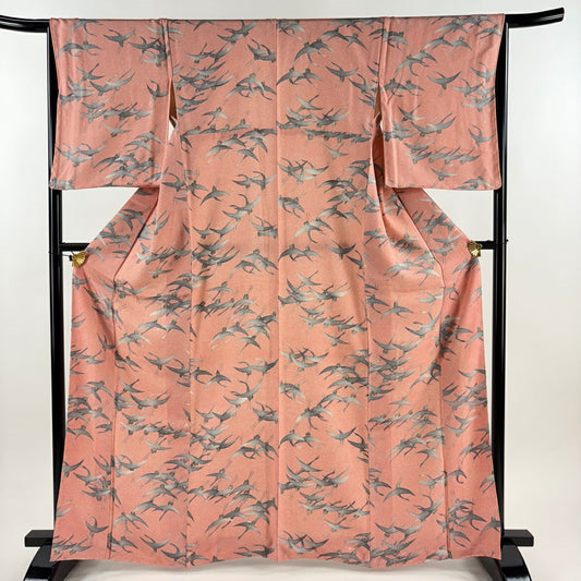 【美品】 小紋 身長165cm 袖長65cm M 雙層 仙鶴 鮭粉色 純蠶絲 優品級